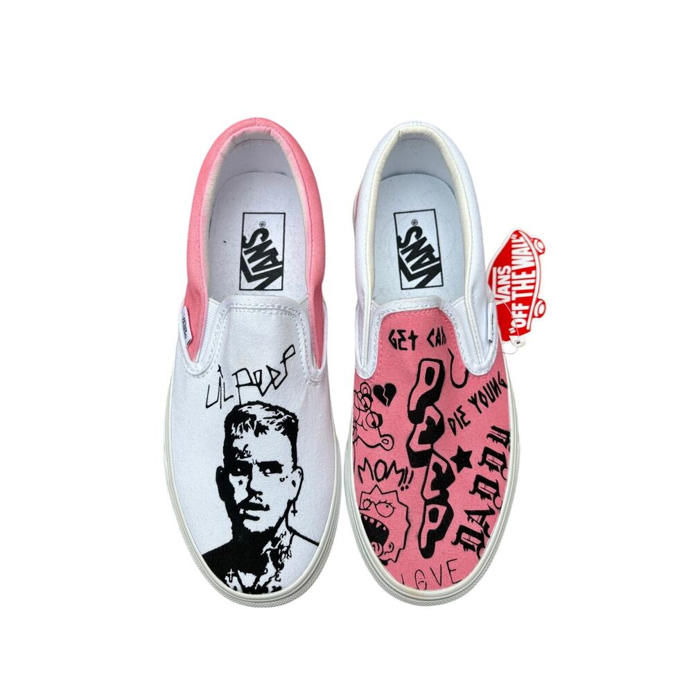 Lil Peep Custom Vans Women's 6.5 Pink White Artwork Tattoo Hellboy Slip On Shoes